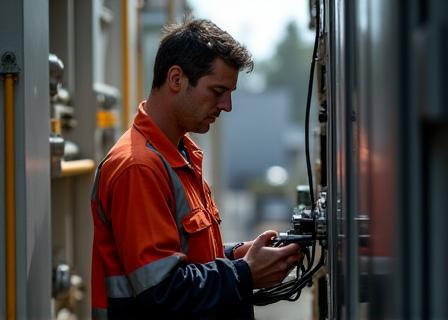 Technician working with equipment for field service management.